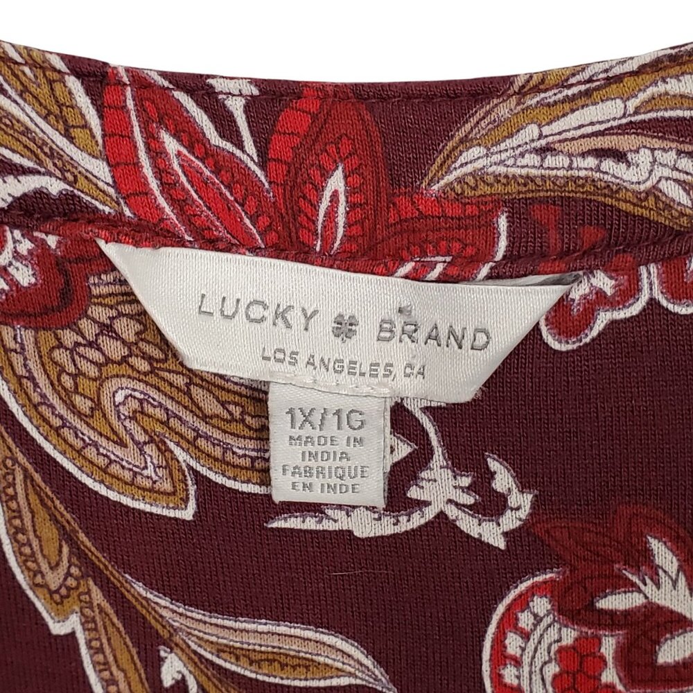 Lucky Brand Womens 1X Blouse Popover Burgundy Paisley Boho Tunic Top 3/4 Sleeve - Picture 9 of 11